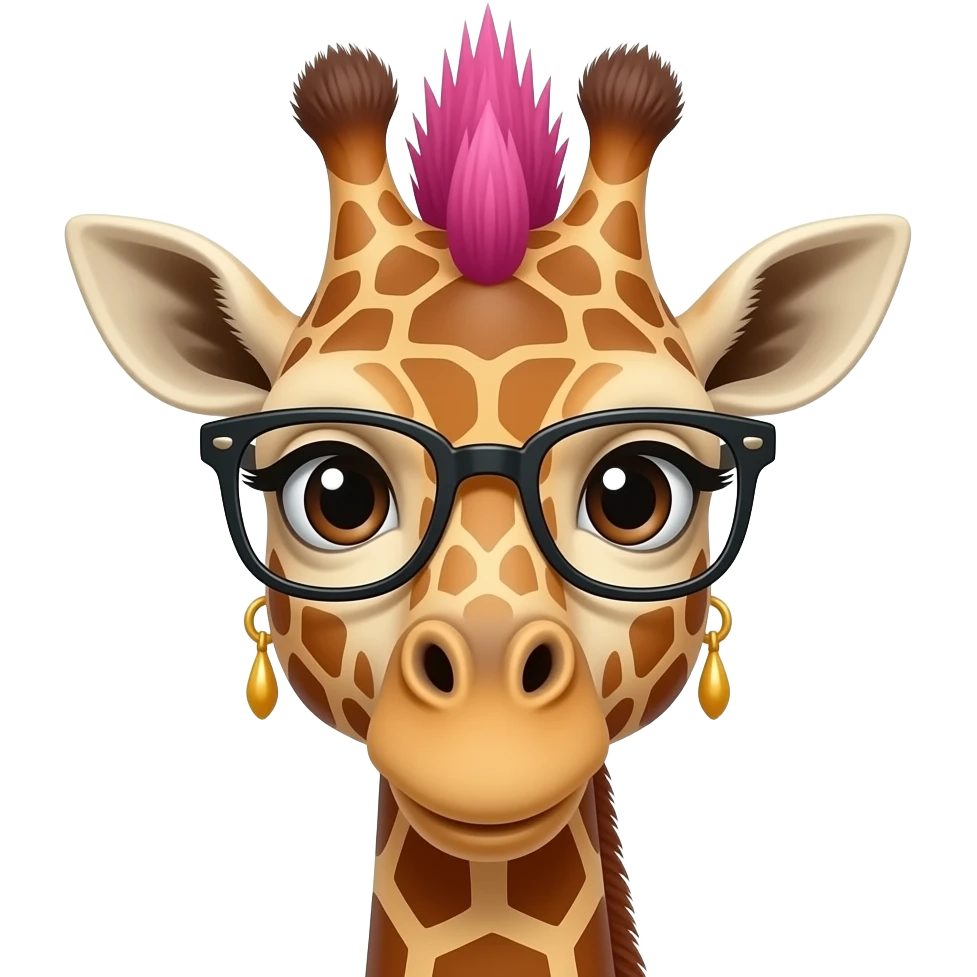 giraffe with pink very spiky mohawk hair and glassess and earrings, just facei front view emoji