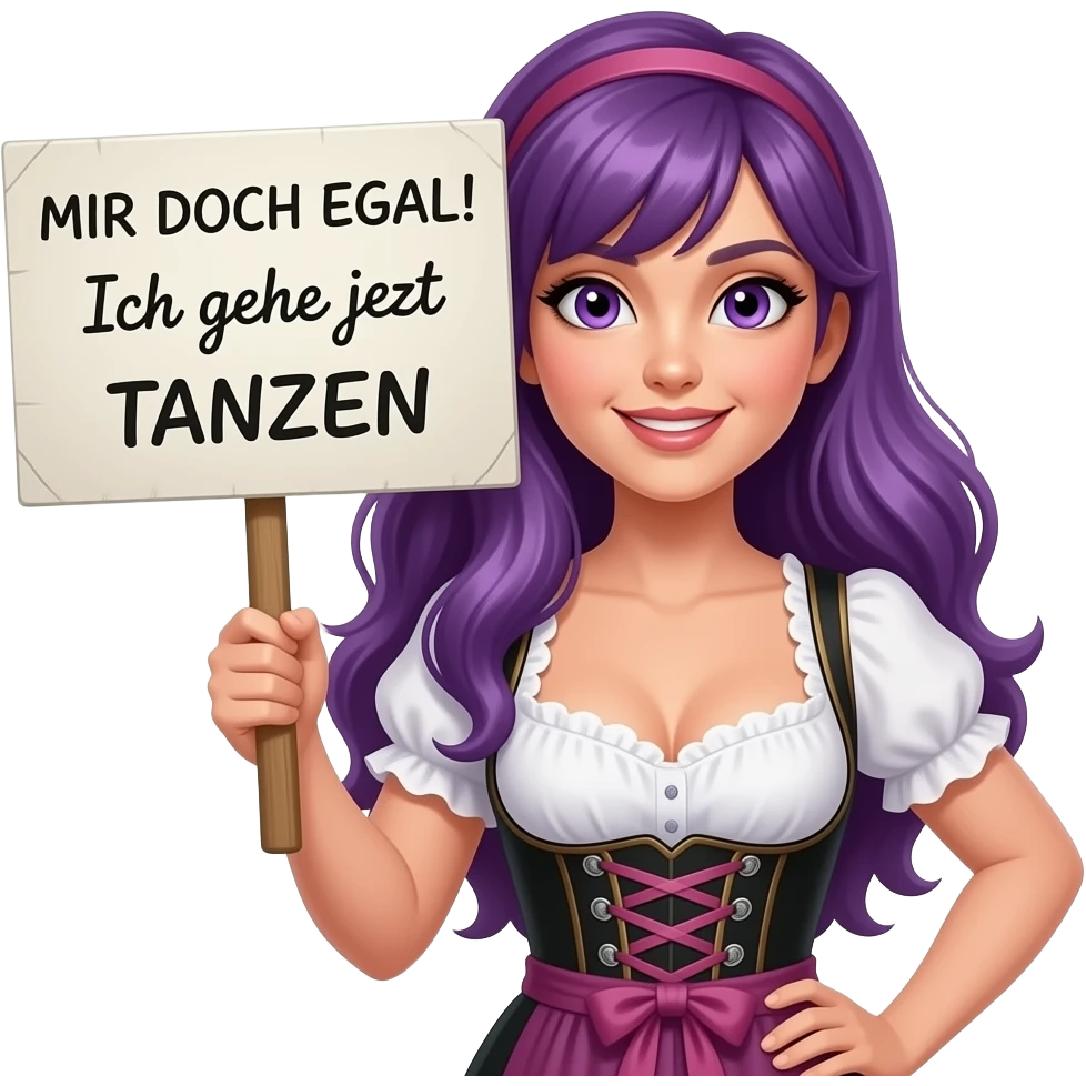 sexy girl with long purple hair and purple eyes wearing a dirndl holding a MIR DOCH EGAL! Ich gehe jetzt TANZEN sign emoji