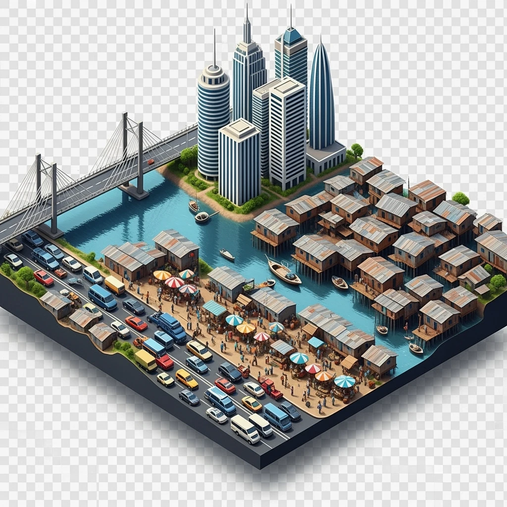 Isometric miniature of Lagos Lekki-Ikoyi Bridge, Eko Atlantic skyscrapers, Makoko slums, tin-roof shacks, chaotic markets, gridlocked traffic, 3D miniature effect and Tilt Shift effect, no cartoonish look, transparent background, don't cut angles emoji