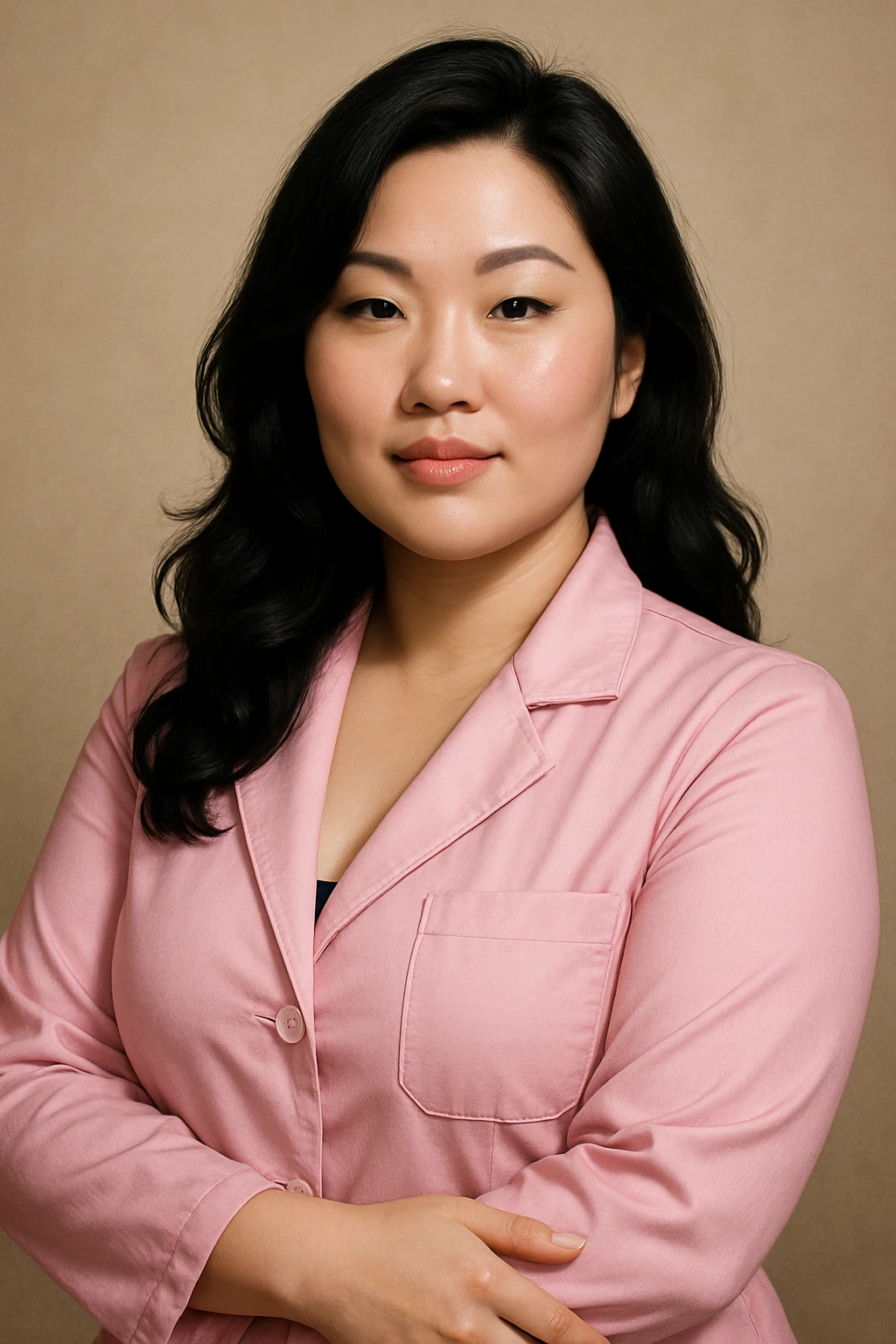 A beautiful white woman, Asian style, with black hair, curvy figure, wearing a pink lab coat, looking confident. emoji