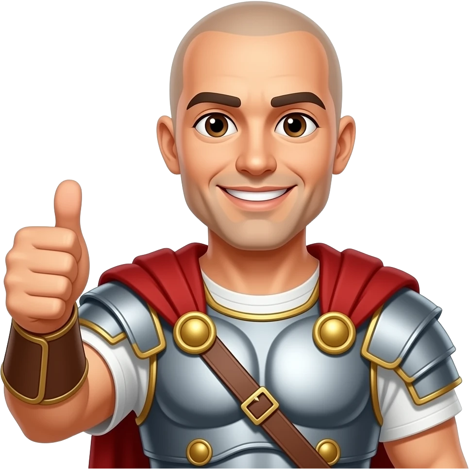 Muscular Roman soldier bald brown eyes smiling giving thumbs up emoji