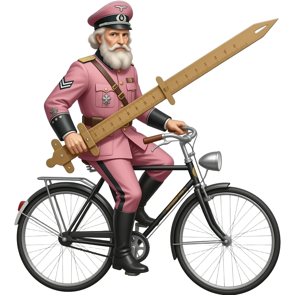 steampunk - aged Leonardo Da Vinci in a pink German World War II uniform transports the thin and serious Joan of Arc on a vélocipède, Joan of Arc carries a huge school caliper in her hands emoji