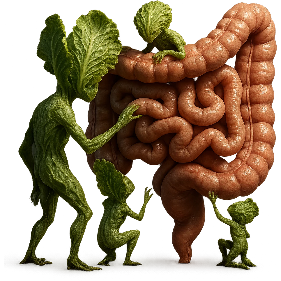 Ultra-realistic 4K illustration: stylized lettuce leaves depicted as plant-like creatures interacting with a human anatomical model of the intestine. The scene is surreal and scientific, with organic textures, refined biological details, dramatic lighting, and a bio-fantasy photorealistic style emoji