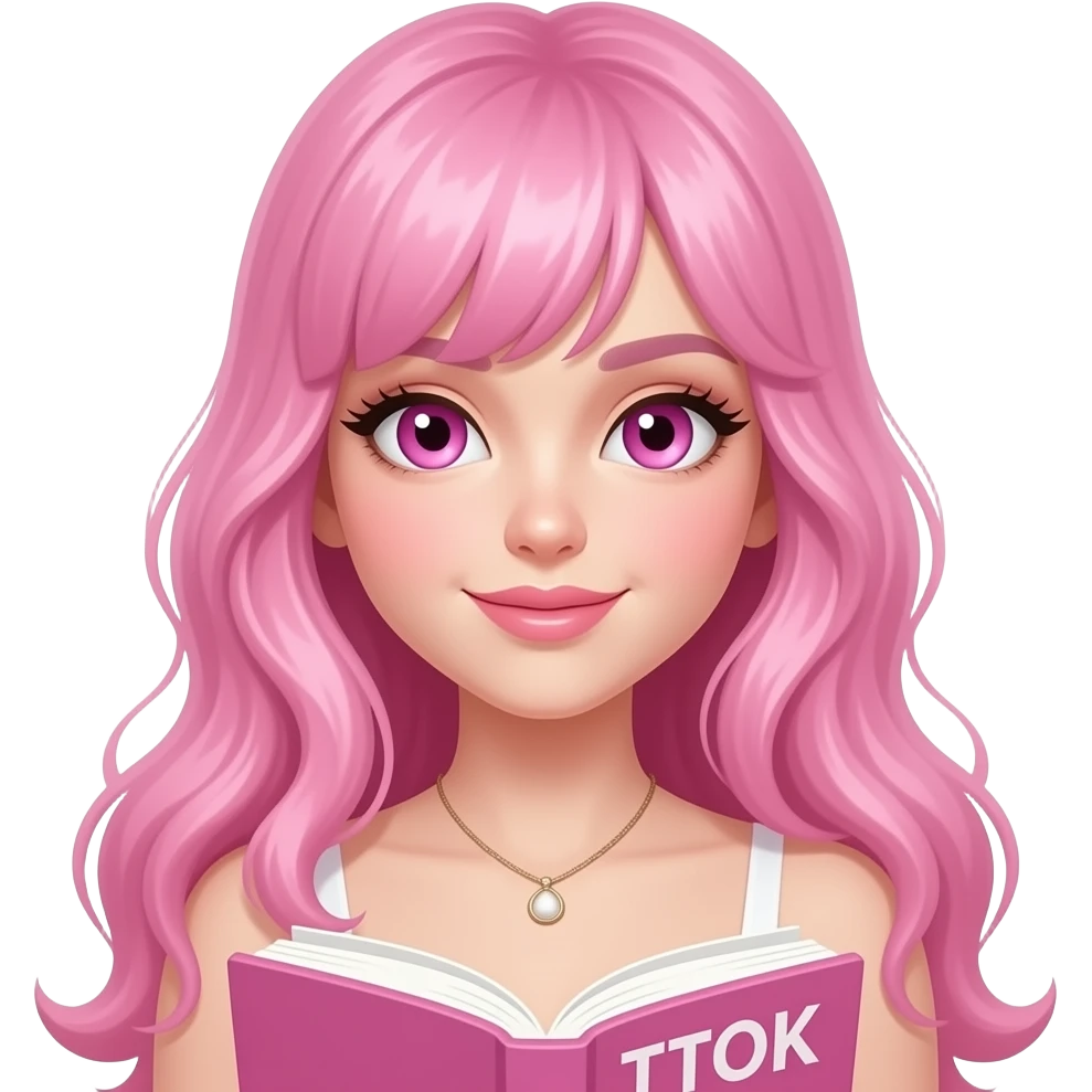 sexy girl with long pink hair and pink eyes holding a BOOKTOK BIKETOK MASKTOK emoji