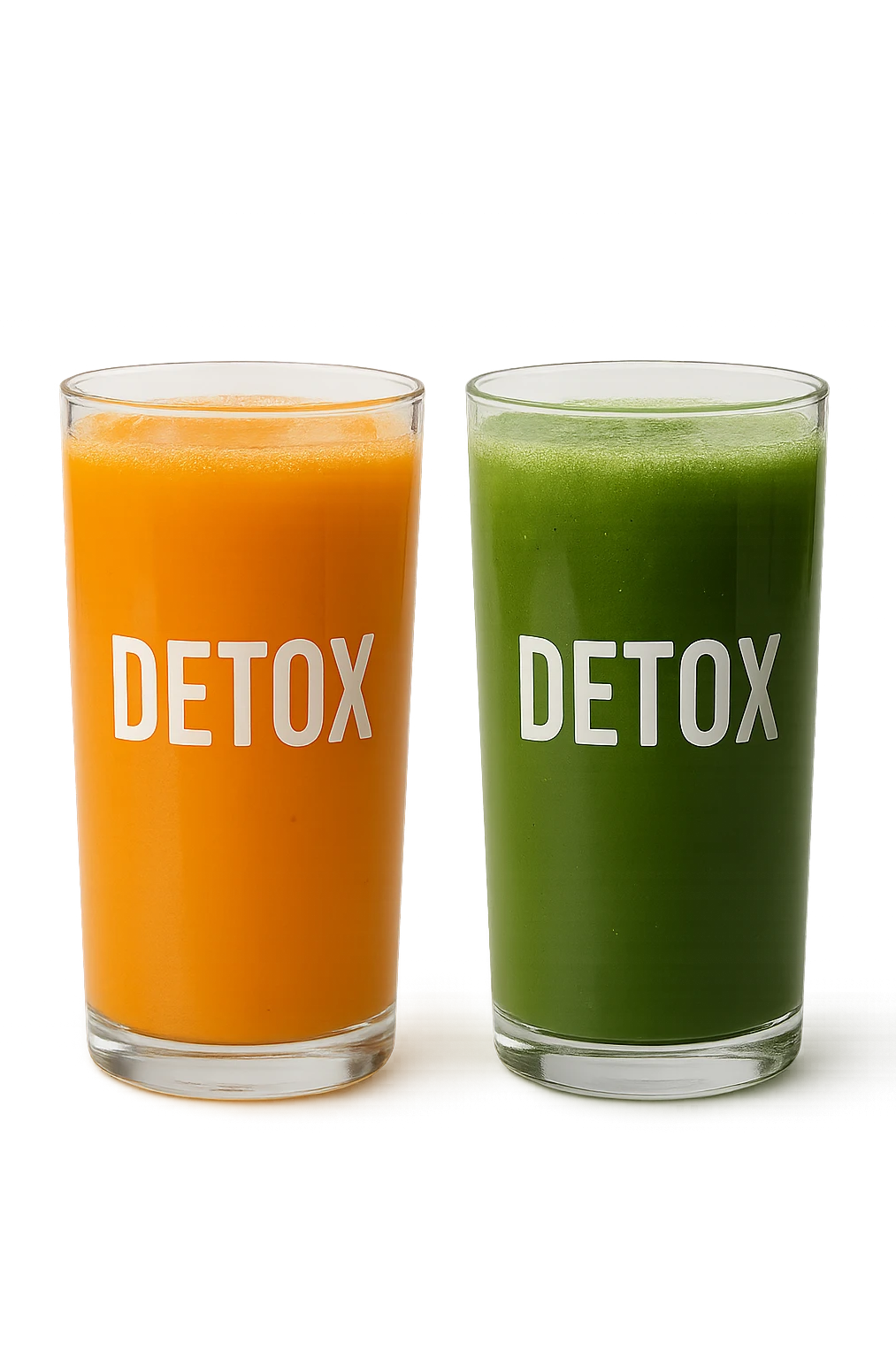 DUE BICCHIERI DI SUCCO DI FRUTTA, UNO ARANCIONE E UNO VERDE, CON LA SCRITTA DETOX SUL BICCHIERE,  realistici emoji