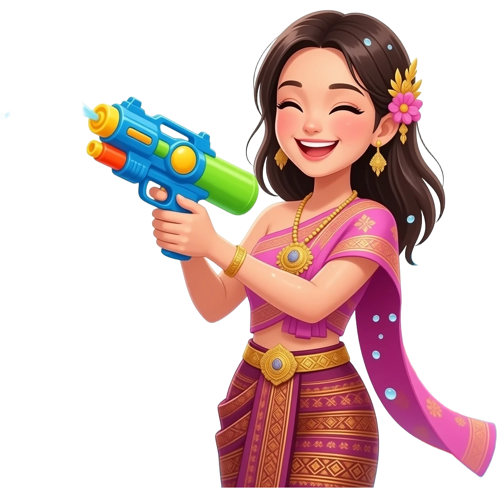 A beautiful woman holding a water gun while playing in the Songkran water festival. emoji