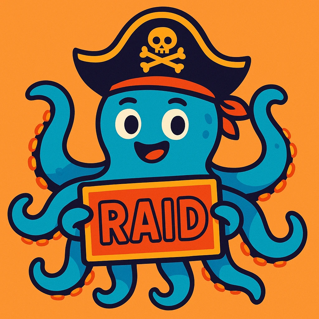 a blue octopus with a pirate hat, holding a RAID sign, playful, colorful style, vibrant and fun emoji