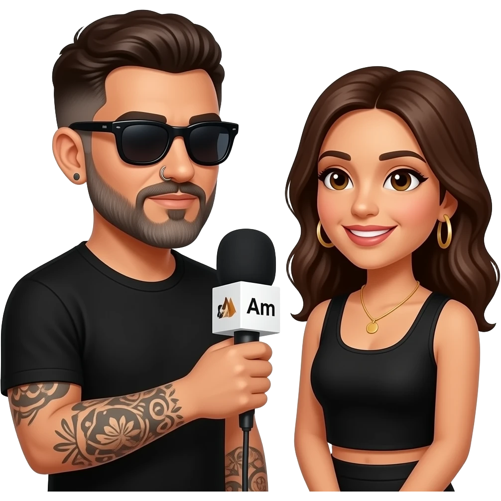 A podcast host, a handsome Latino man with medium hair, a graying beard, tattoos, hoops in his nose and ear, all in black with sunglasses, interviews a woman in front of a microphone with a logo reading "As I Am." emoji