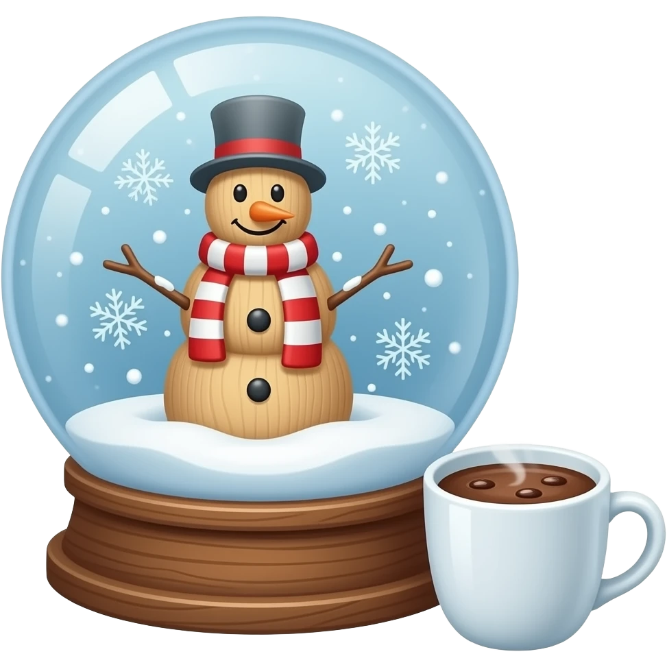 snowman in snow globe with hot chocolate emoji
