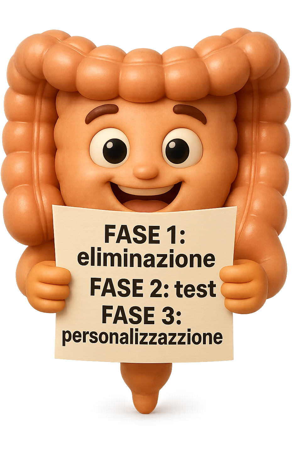 emoji stile iphone 3d di un intestino che tiene in mano un foglio con la scritta "FASE 1: eliminazione, FASE 2: test, FASE 3: personalizzazione, IPERREALISTICO 4K emoji