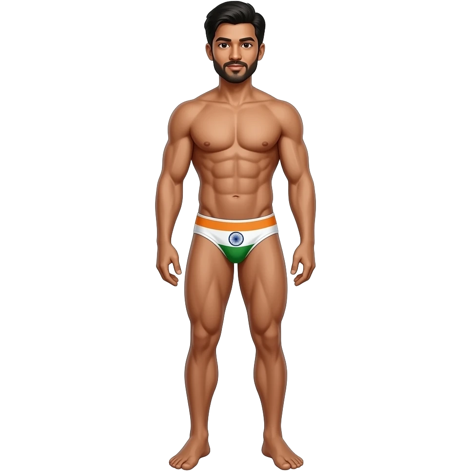 full body indian young male standing with muscular build in thong with india flag theme emoji