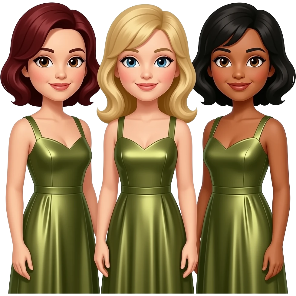 The Andrews Sisters with LaVerne with dark red hair, brown eyes, Patty with blue eyes, blonde hair, Maxene with black hair, brown eyes, three olive metallic long dress emoji