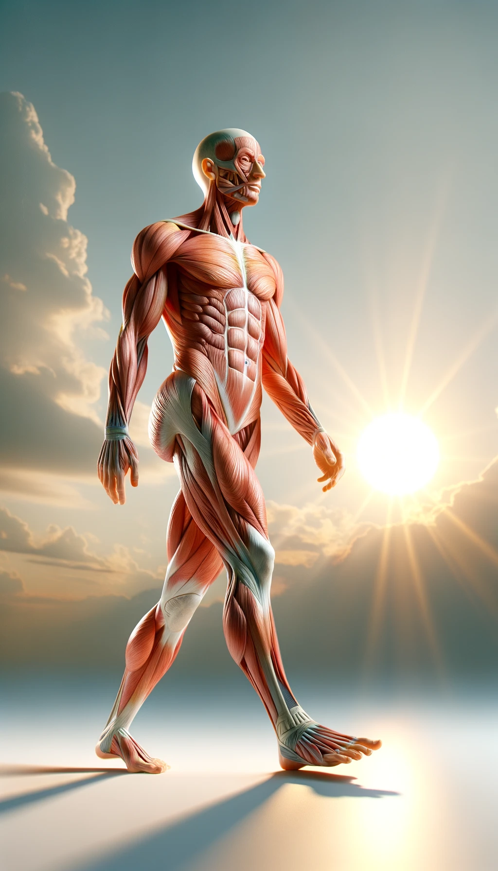 CORPO UMANO ANATOMICO IN PIEDI CHE CAMMINA DI FRONTE AL SOLE ESTIVO, COLORI REALISTICI DEI MUSCOLI, iperrealistico 4k emoji