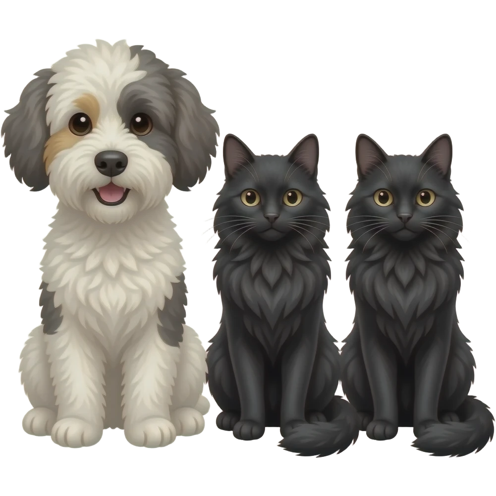 mini merle bernedoodle next to two long haired black cats emoji