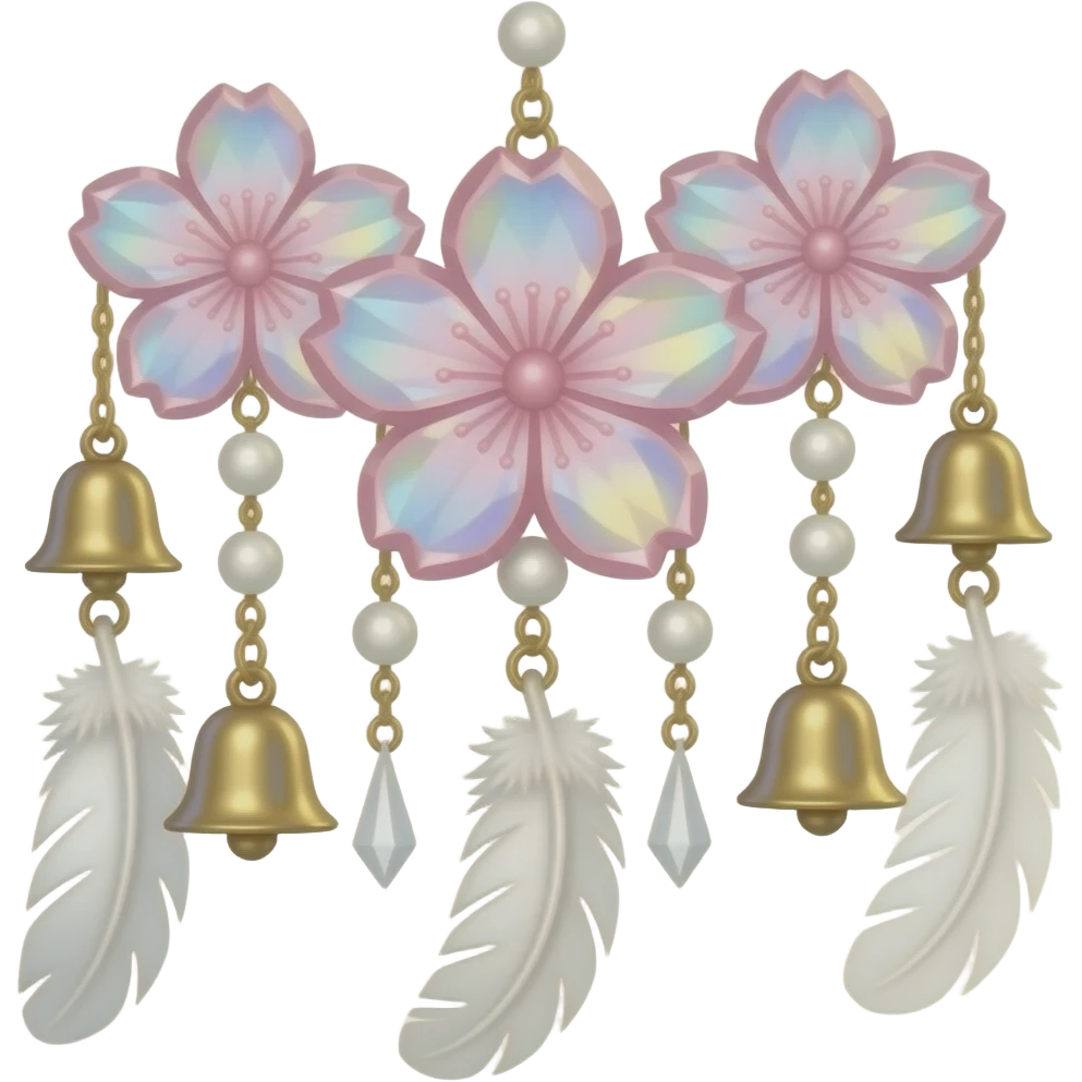 Hanging Iridescent pastel pink sakura crystals white-pearly suncatcher with bells and feathers emoji