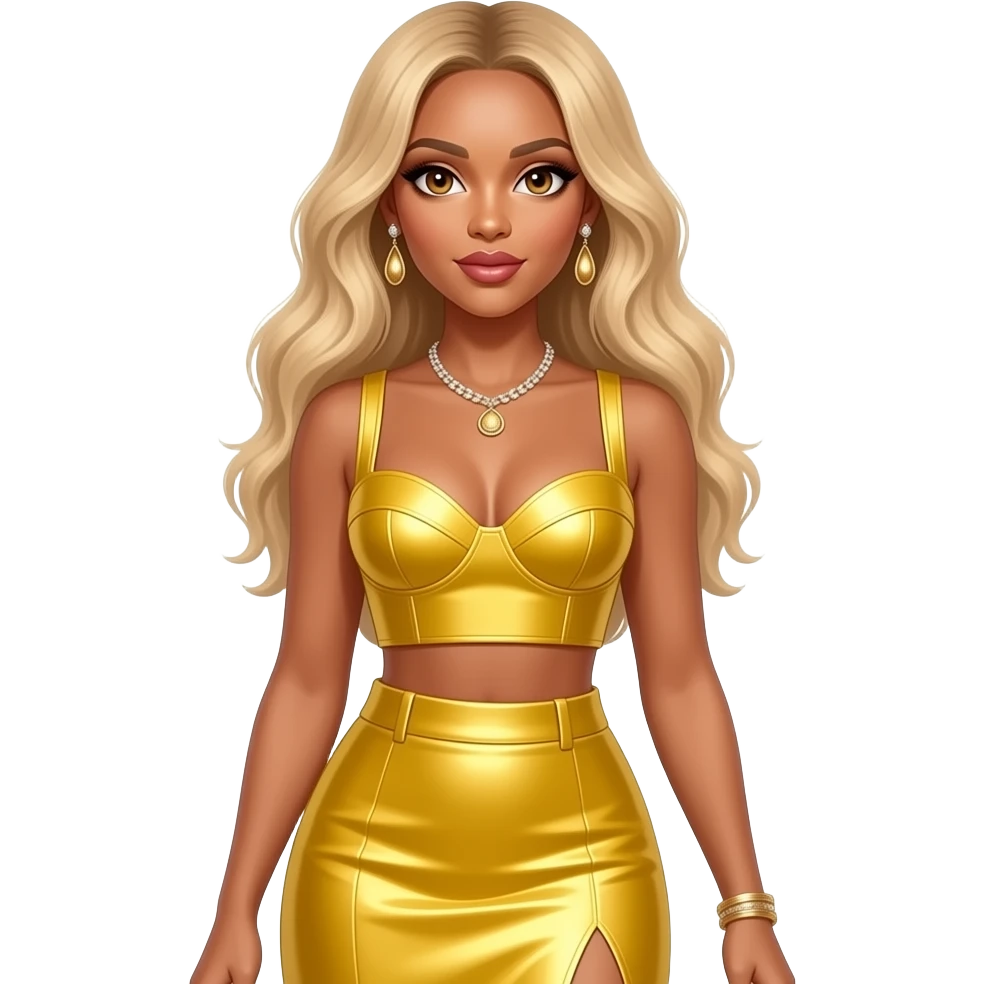 Beyonce with hazel eyes, long strawberry blonde hair, yellow metallic sleeveless sweetheart crop top, yellow metallic long skirt, necklace and earrings emoji