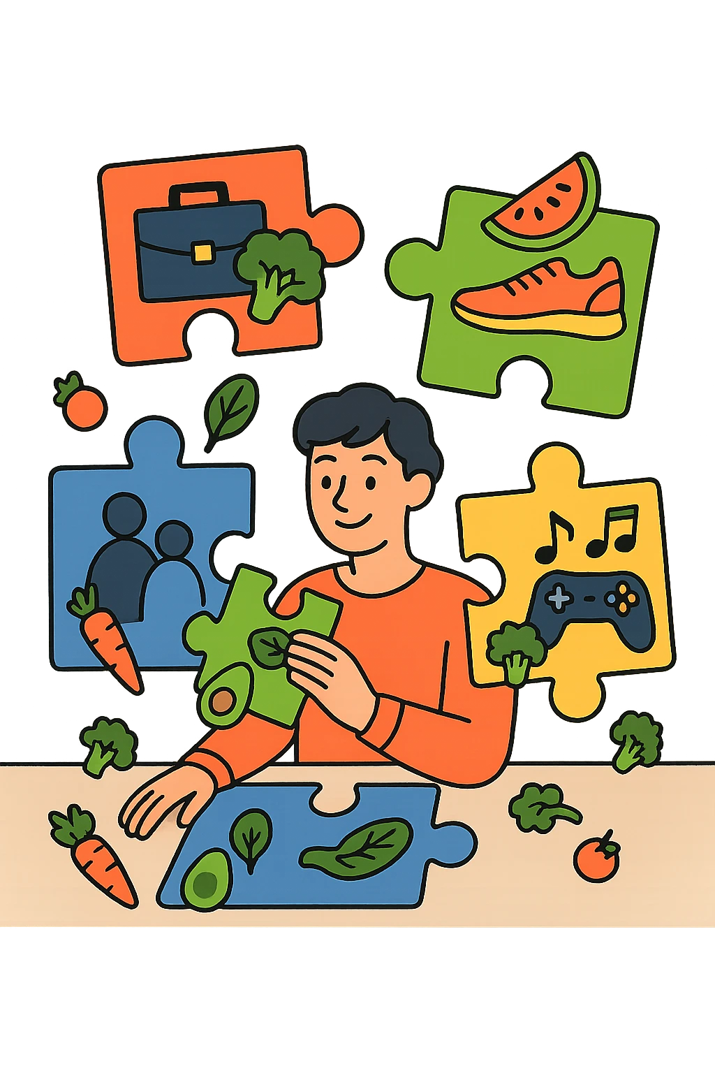 a person is surrounded by puzzle pieces, each representing a different aspect of their life (work, exercise, family, leisure), and healthy foods are integrated into each piece. The person assembles the puzzle, creating a complete, personalized nutrition plan. The mood is uplifting and creative. in italiano emoji