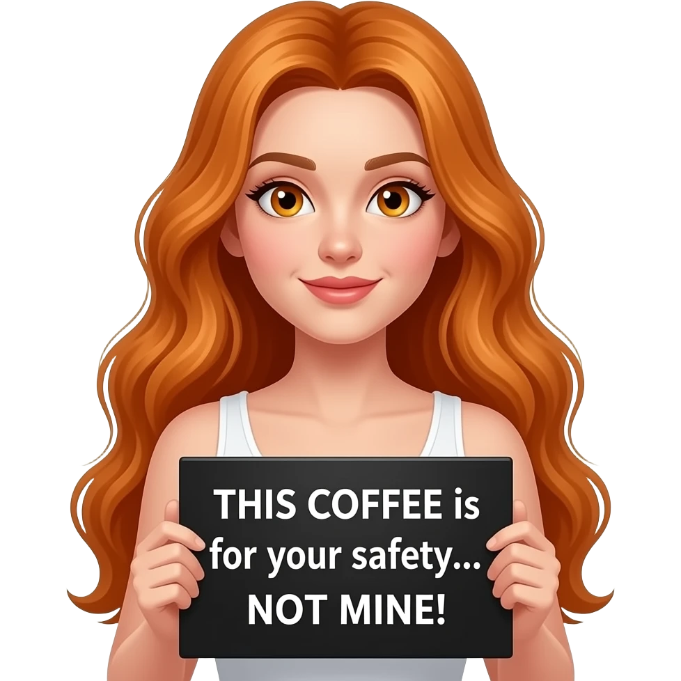 sexy girl with long wavy ginger hair and ginger eyes wearing a white tanktop is holding a black colored sign with THIS COFFEE is for your safety... NOT  MINE! written on it emoji