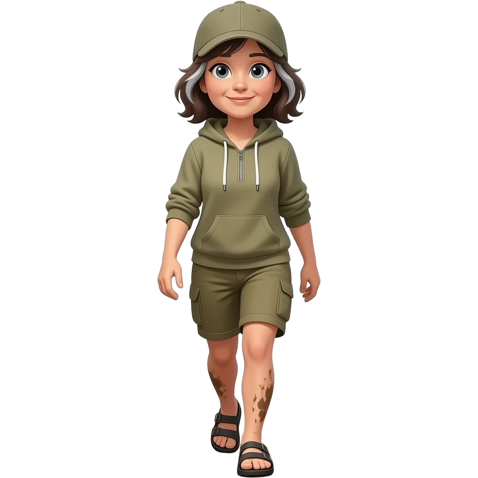 58 year old Woman in Birkenstocks, no socks, muddy feet and legs, cargo capri shorts, pullover hoodie, shoulder length dark brown hair with silver streaks, grey eyes, walking on a trail emoji