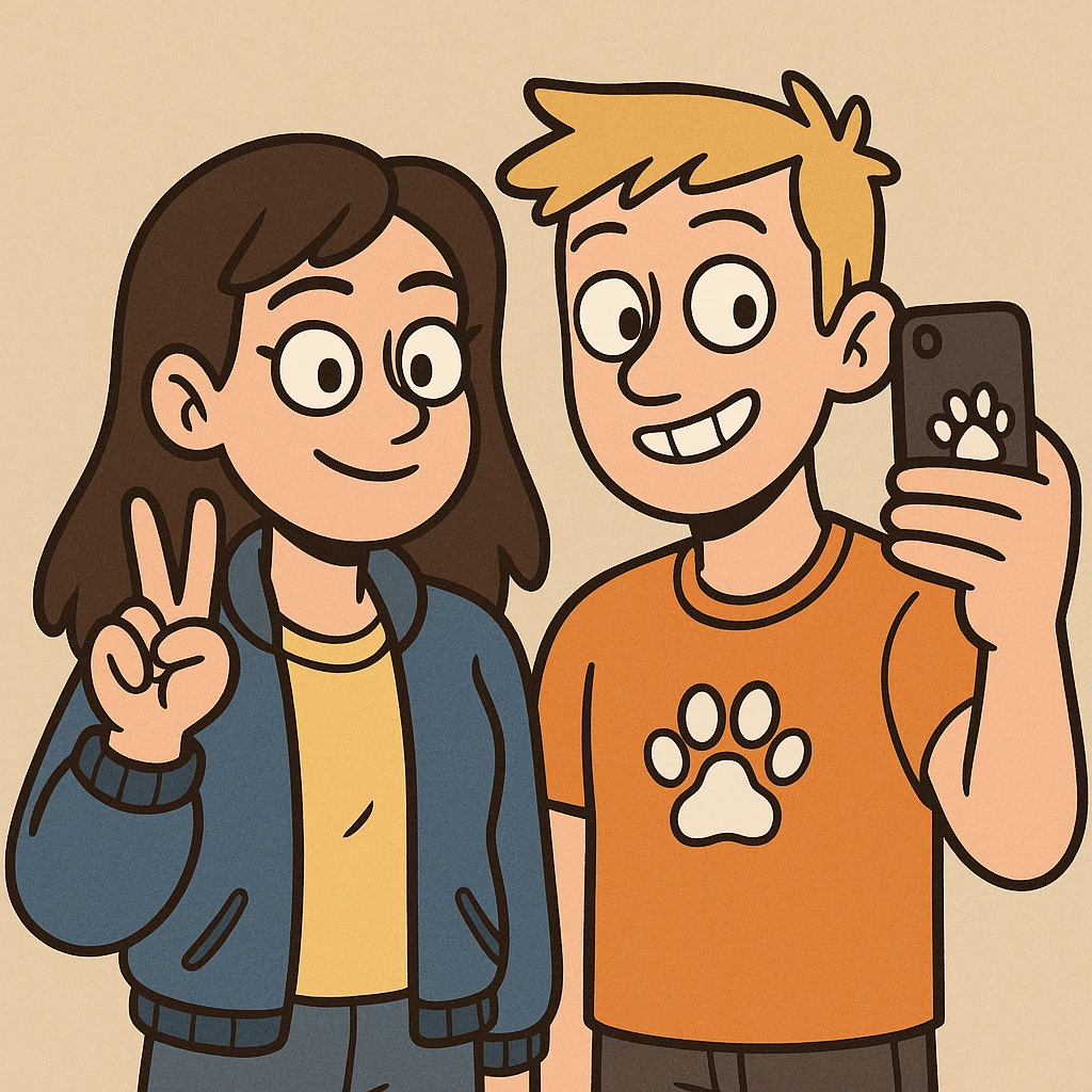 A girl yellow t-shirt blue girls bomber jackets ✌️A boy dark yellow hair Orange T-Shirt white dogs paw 🤳 emoji