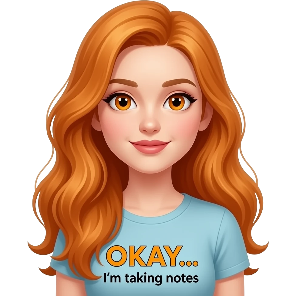 sexy girl with overlong ginger hair and ginger eyes a top with OKAY... I'm taking notes written on it emoji