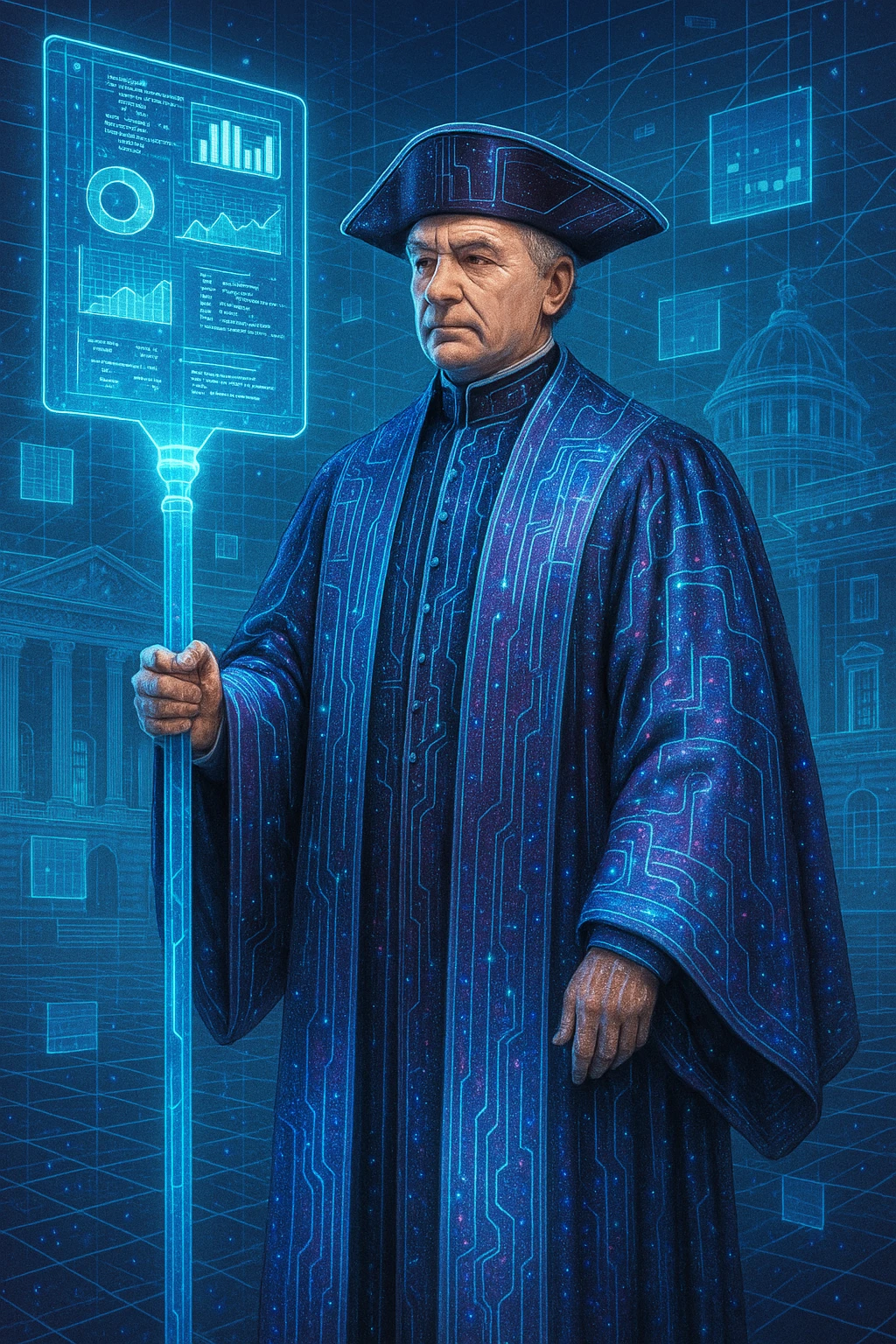 a data Governor, merging classic governor attire with holographic and digital motifs emoji