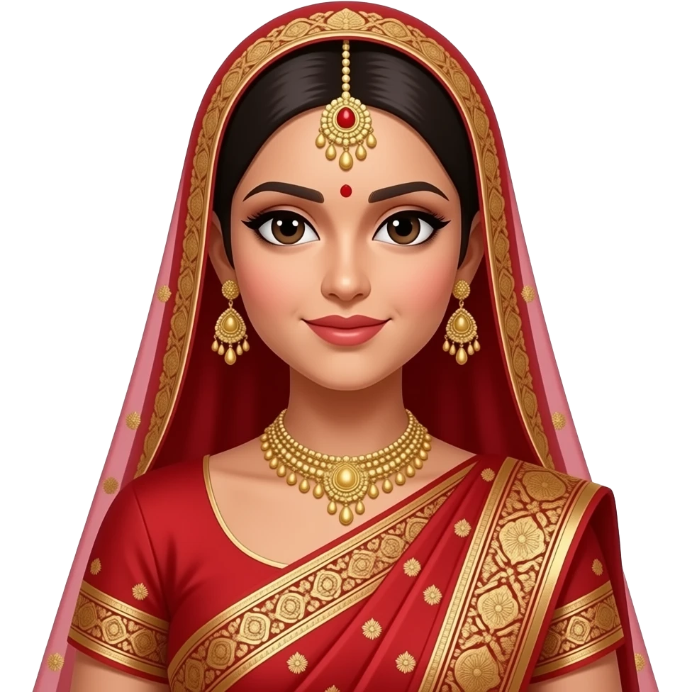A hijabi south Asian bride in traditional red and gold attire with a red hijab and no skin showing on the neck and just a tikka at the top in terms of head jewellery with the earrings too and just being the neckline of the outfit up so no neck skin is showing emoji