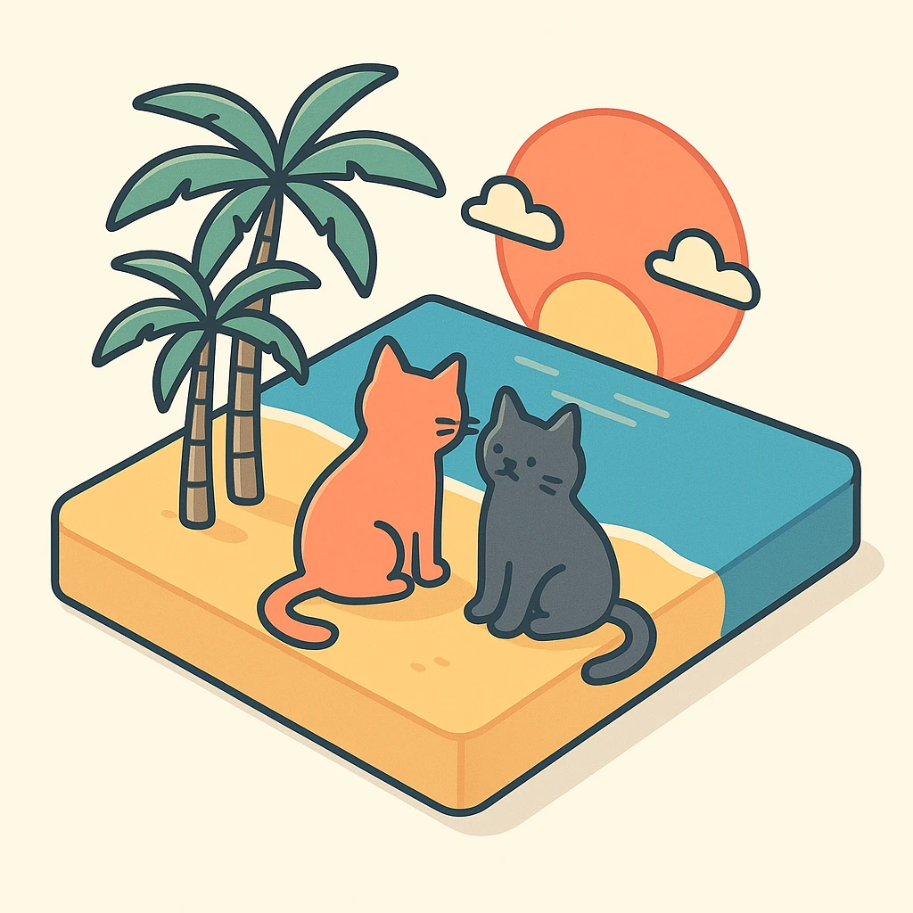 3D isometric illustration of two cats sitting on a beach at sunset with palm trees emoji