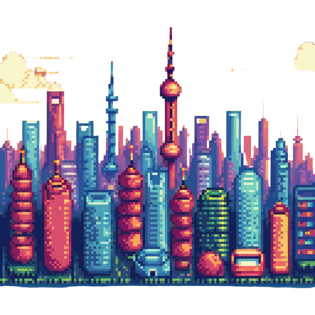 Shanghai city skyline, pixel art style, retro video game look, bright colors emoji