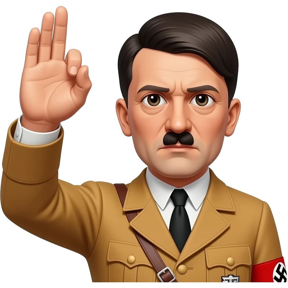 Adolf Hitler doing the Nazi salute with his arm pointing out front with all his fingers up at a 30 degree angle, with a front left camera shot emoji