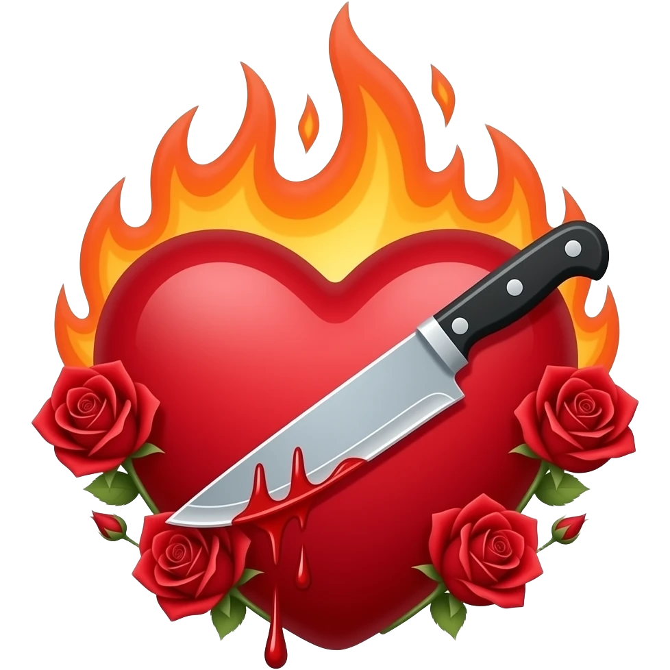 flaming red heart with roses, bleeding with knife emoji