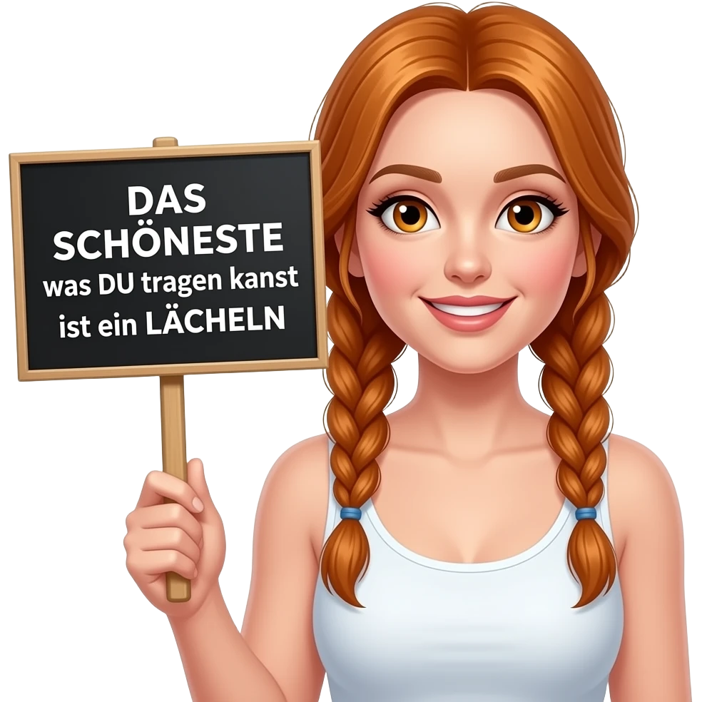 sexy girl with long ginger braids and ginger eyes wearing a white tanktop is holding a black sign with DAS SCHÖNSTE was DU tragen kannst ist ein LÄCHELN written on it emoji