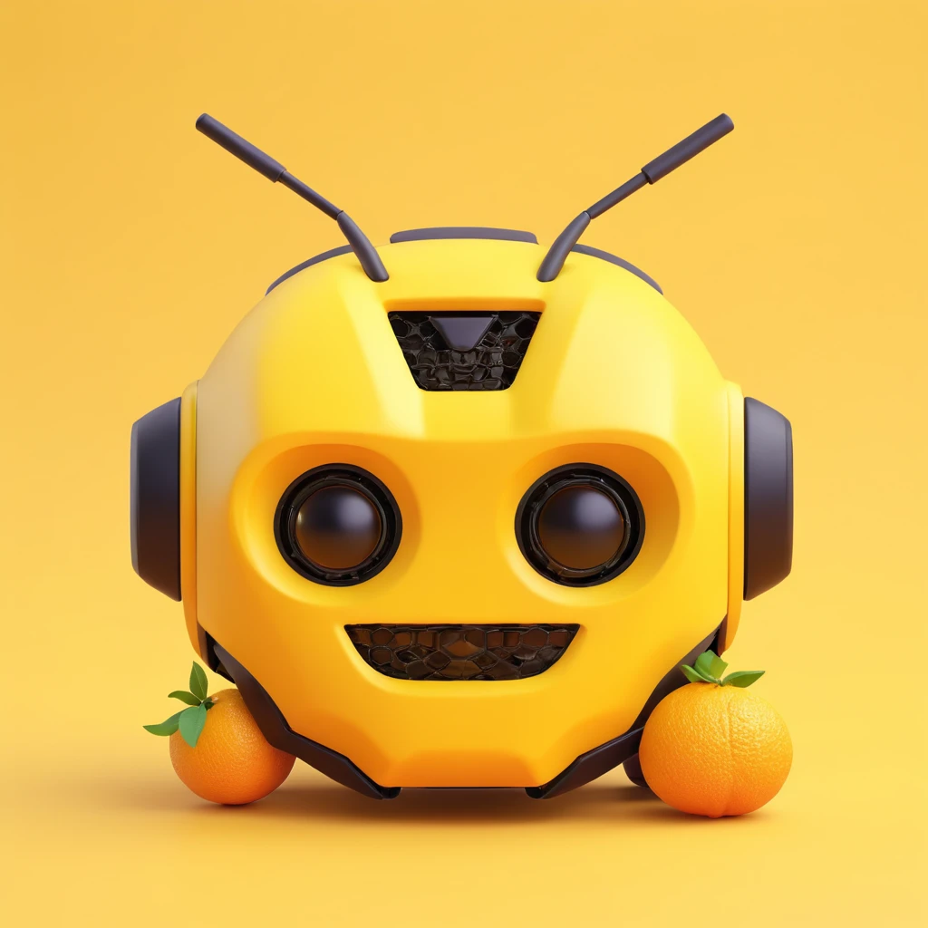3D emoji of a car-inspired robot face, merging Bumblebee and Toyota GR86, with bumpy yuzu fruit texture, set on a yellow background with a black border and rounded corners emoji