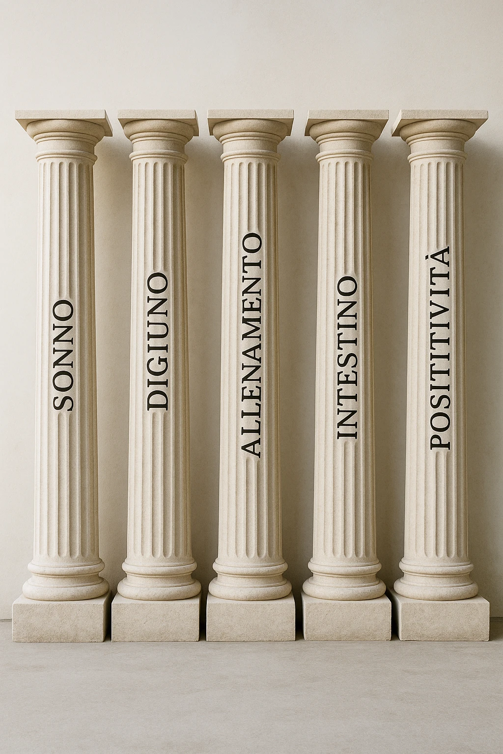 5 pilastri con le scritte "SONNO", "DIGIUNO", "ALLENAMENTO", "INTESTINO", "POSITIVITà" IMMAGINE IPERREALISTICA SFONDO CHIARO IN ITALIANO emoji