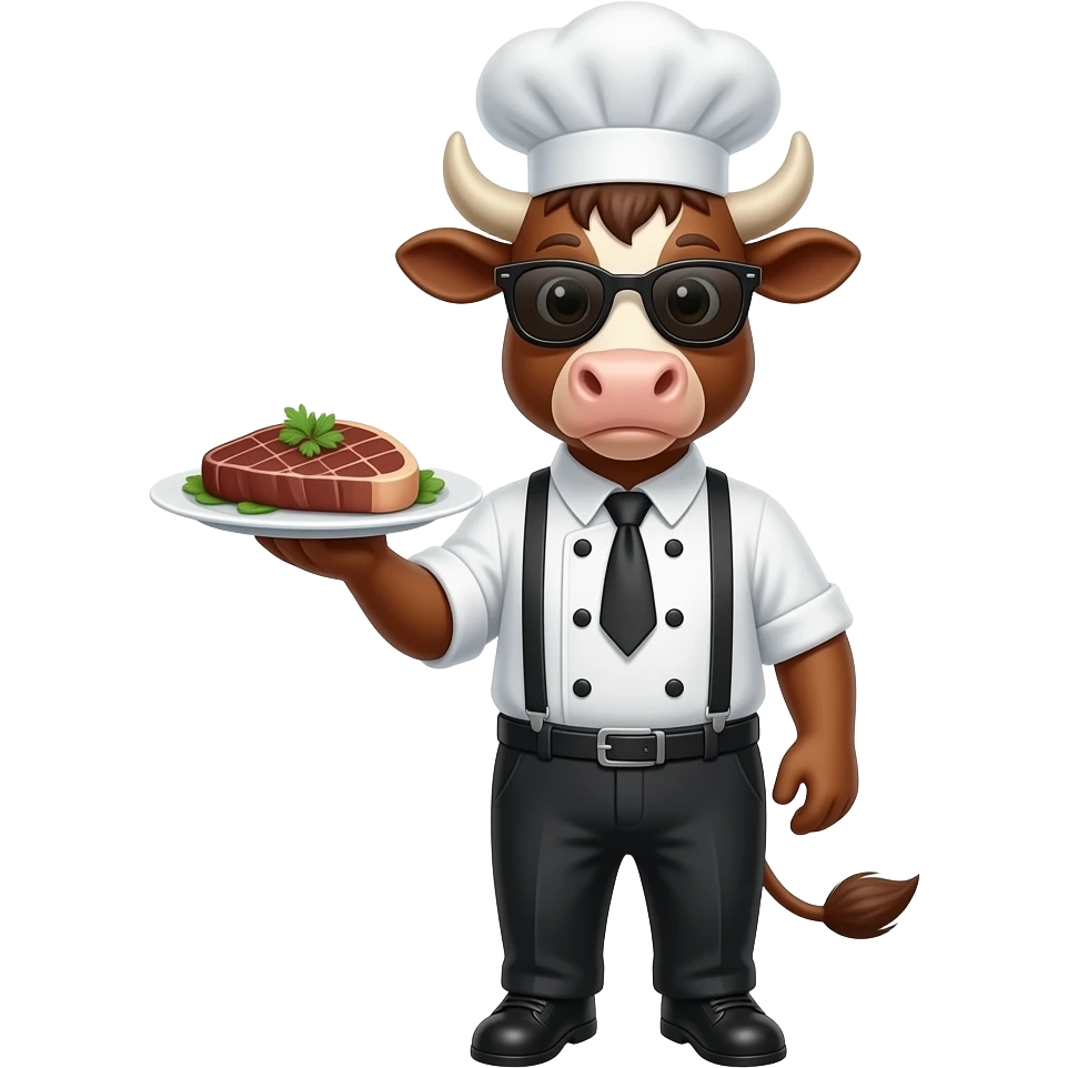 a  cool male brown cow with chef hat sunglasses serving you a steak emoji