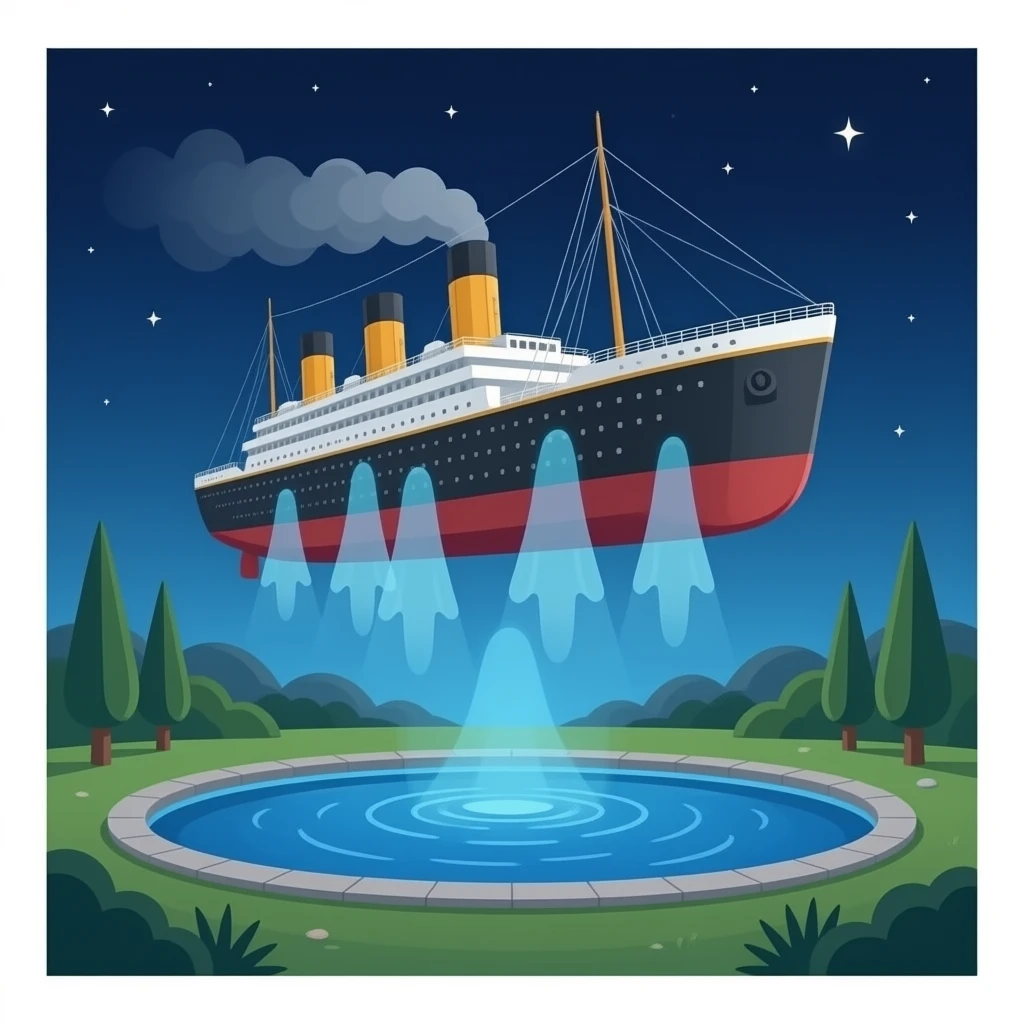 the ghostly ship Titanic hovers in the night sky above a pool of water emoji