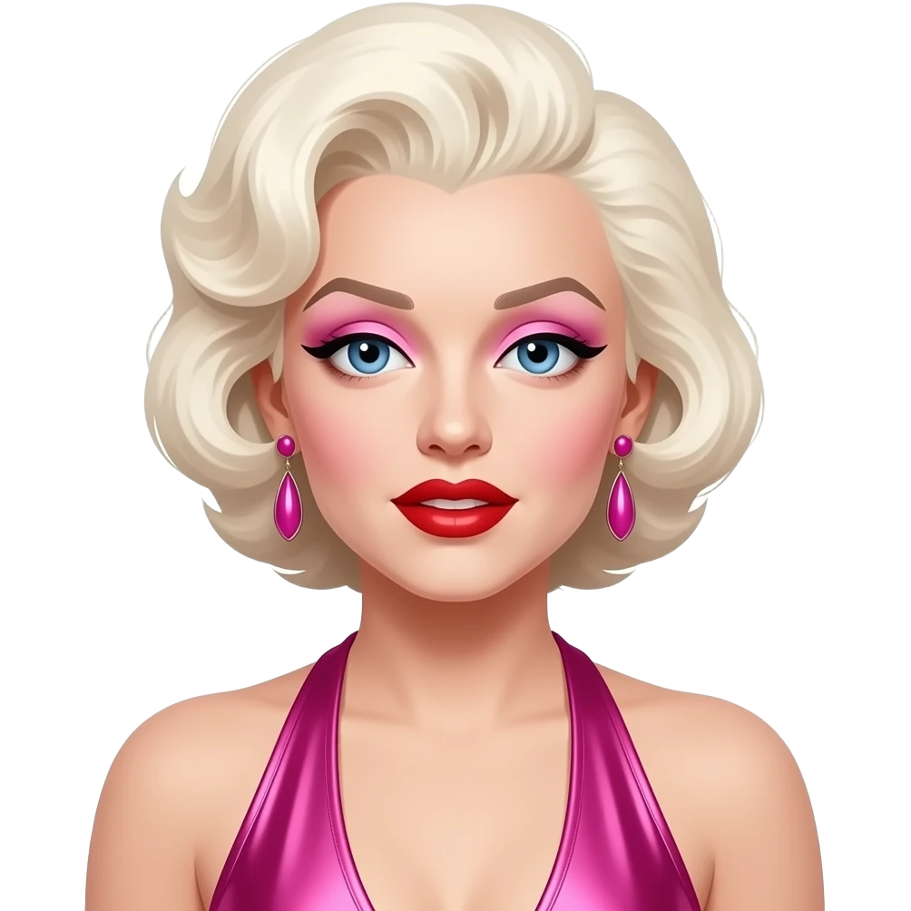 Marilyn Monroe with blue eyes, white-blonde hair, pink eyeshadow, red lipstick, hot pink metallic halter dress, earrings emoji