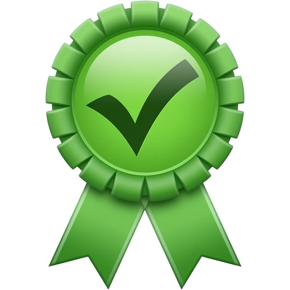 all green Ribbon Badge that has a dark green tick in the middle and a green middle emoji
