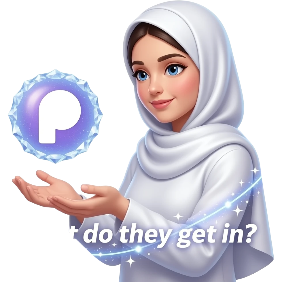A beautiful woman in a pearl-white satin hijab flying her left around a glowing Patreon logo made of crystalline light. Swirling trails of celestial energy and stardust surround her hands, shiny light text: 'What do they get in?'. Isolated on white, soft pastel colors, 3D icon style, ultra-detailed emoji