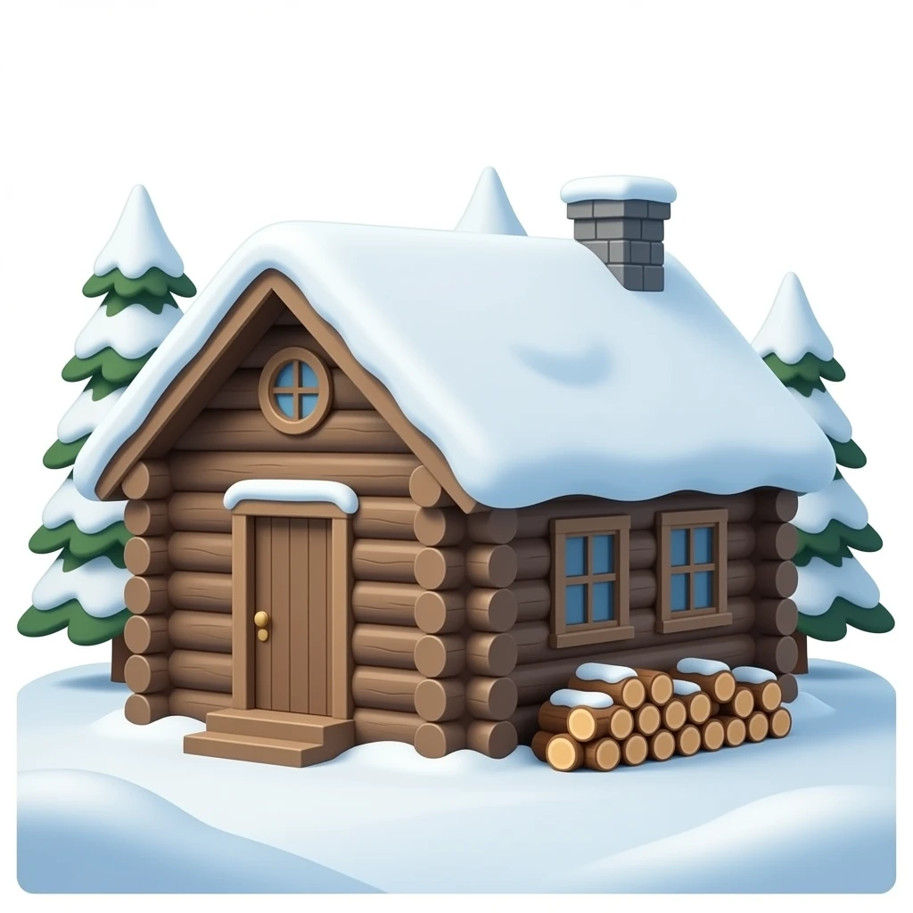 Greyish brownish winter cabin with wood logs laying outside emoji