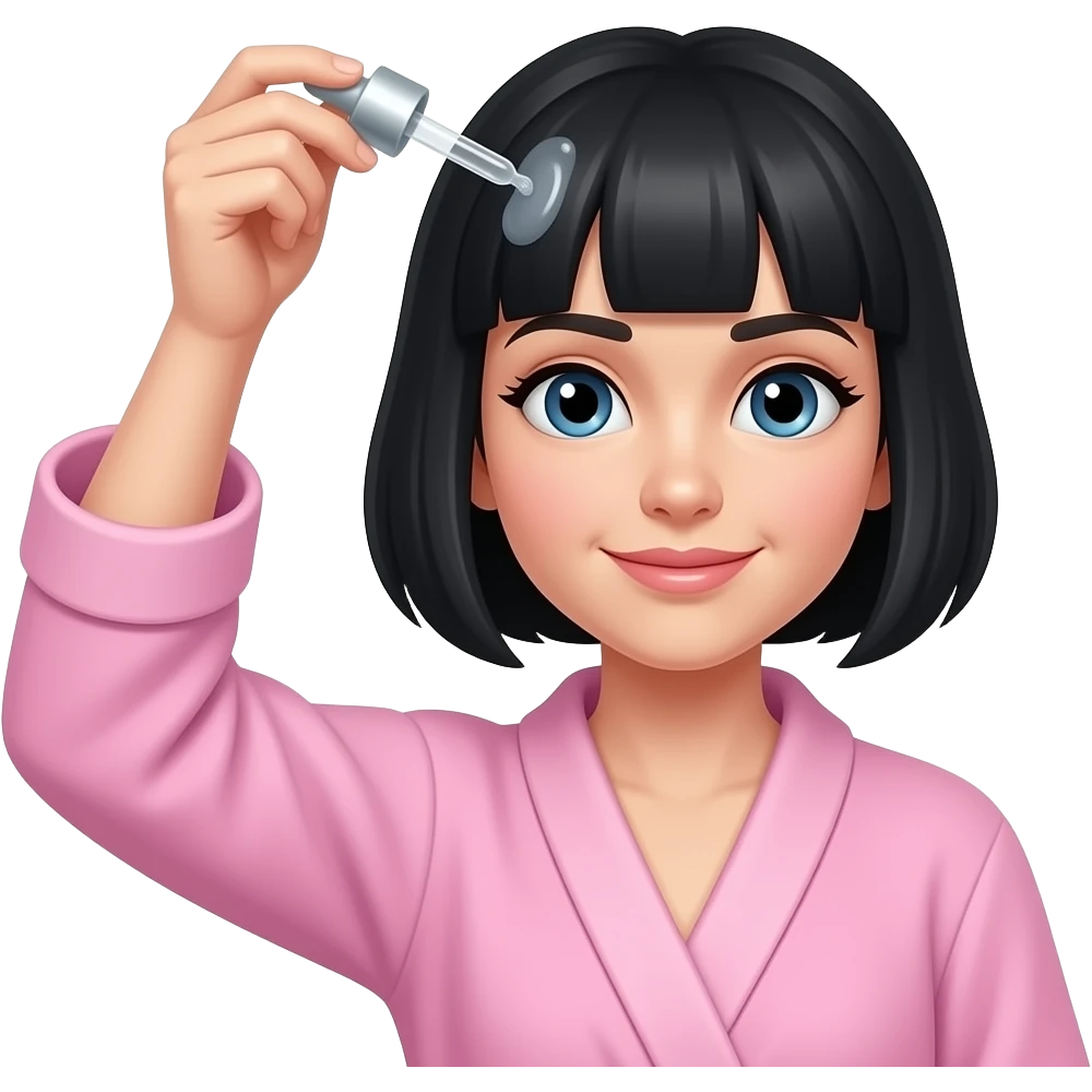 White girl taking care of her black short hair by giving herself a hair tonic massage with a dropper, wearing a pink robe, iPhone emoji style emoji