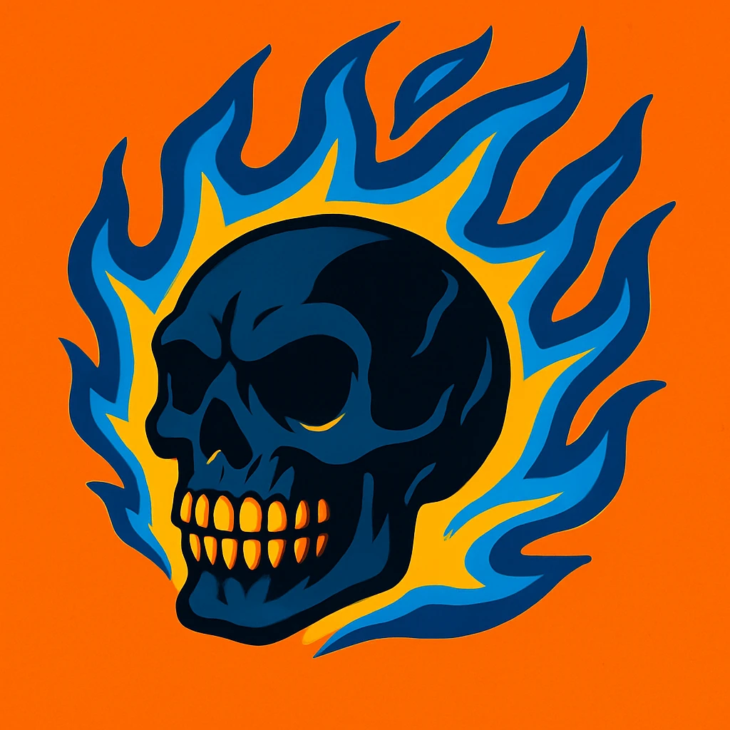 Add blue flames to the burning skull while keeping the fire effects dynamic and high contrast. Maintain the intense and vivid fiery appearance with a focus on blue flame details blending naturally with the existing fire. emoji