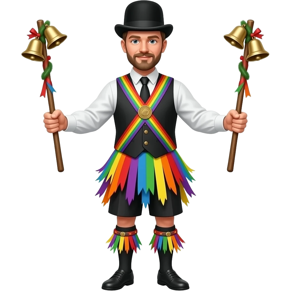 Male Border Morris dancer with short sticks in hands (sticks have no decoration) and christmas bells on shins only with rainbow tatters coming off her waist and a vest with tatters and black bowler hat emoji