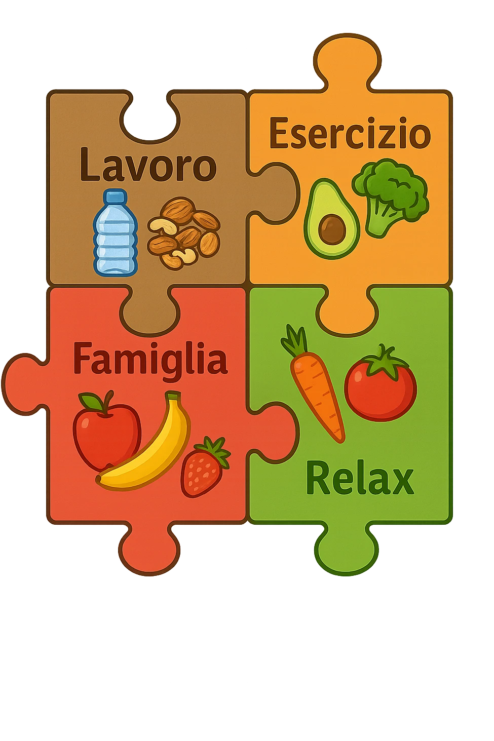 Puzzle (Lavoro, Esercizio, Famiglia, Relax), and healthy foods are integrated into each piece. in italiano emoji