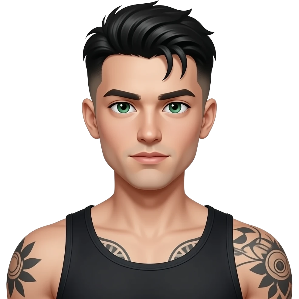 jeune gars mystérieux dark, cheveux noir de jais low taper fade, yeux verts, musclé, tatoué, fossette, peau blanche très très très pâle emoji