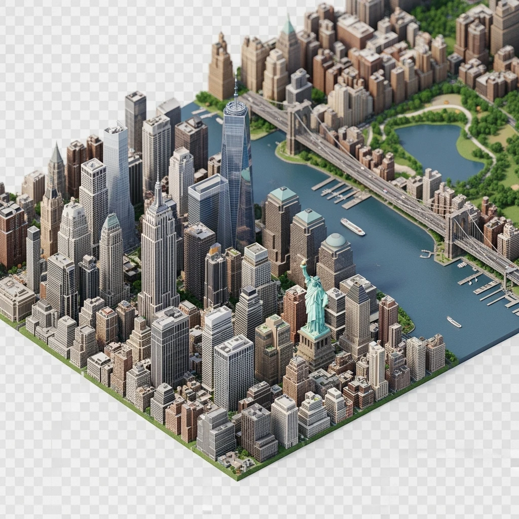 Isometric miniature of New York Сity Empire State Building, One World Trade Center, Statue of Liberty, Brooklyn Bridge, and Central Park chaotic low-rise blocks in outer boroughs 3D miniature effect and Tilt Shift effect, no cartoonish look, transparent background. emoji