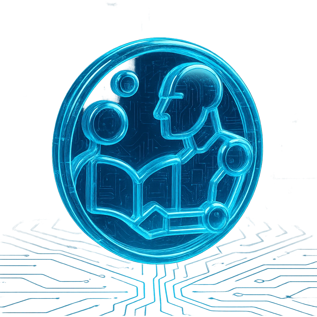 Add a subtle circuit pattern background to the logo, keeping the Tron-blue, high-tech, glowing style. Maintain the abstract figures around the book and the overall circle composition. No text. emoji