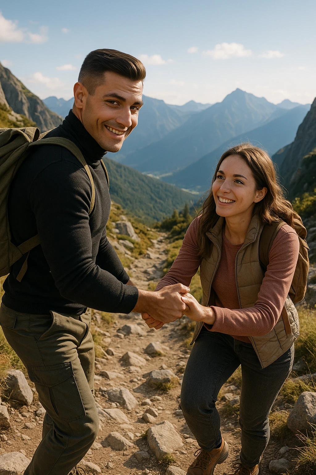 a man and woman climb a mountain trail together, the man leading but frequently looking back to ensure the woman is comfortable and supported. The woman follows with determination and a smile, symbolizing trust, encouragement, and the value of supportive leadership within a relationship. emoji