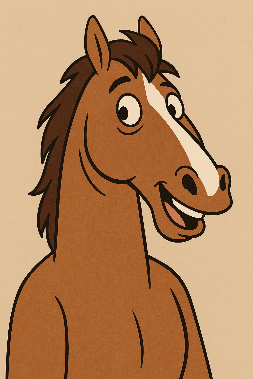 brown horse with chocolate mane and a long white stripe on its muzzle, cartoon style emoji