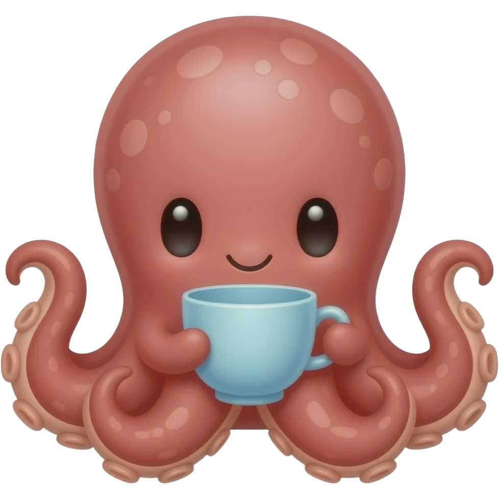 Cute octopus sitting low, holding a glass teacup, front-facing whimsical pose emoji